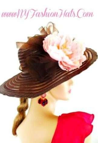 Brown Pink Wide Brim Spring Church Hat  Women's Fashion Hats 4RBL