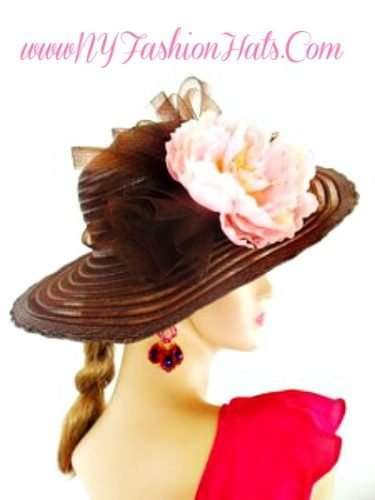 Brown Pink Wide Brim Spring Church Hat  Women's Fashion Hats 4RBL