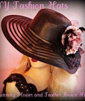 Brown Black Ivory Gold Ladies Designer Hat With A Mauve Pink Flower 7