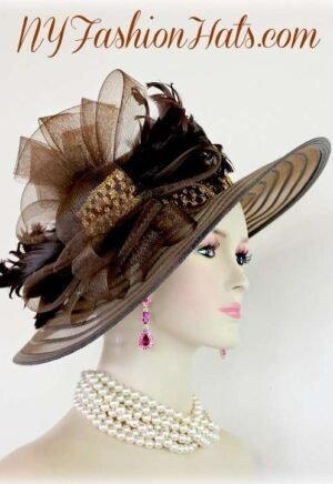 Women's Brown Gold Designer Church Wedding Dress Hat NY Fashion Hats K82