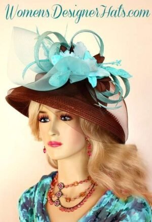 Brown Aqua Turquoise Straw Kentucky Derby Hat, Women's Designer Hats