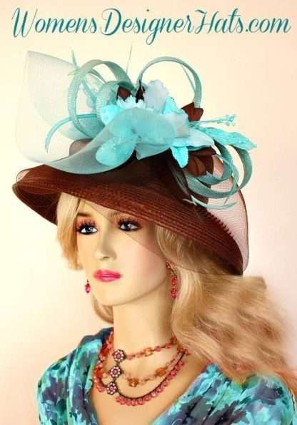 Brown Aqua Turquoise Straw Kentucky Derby Hat, Women's Designer Hats