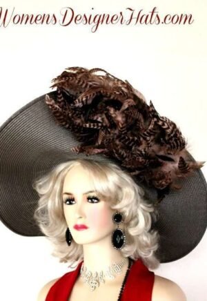 Taupe Wide Brim Pink Brown Feathers Kentucky Derby Hat, Women's Hats