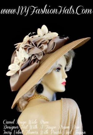 Kentucky Derby Hats Camel Beige Velvet Flowers Hat NY Fashion Hats