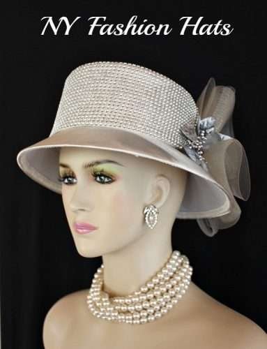 Champagne Beige Metallic Silver Designer Wedding Hat Rhinestones, Church Kentucky Derby Hats 3V98