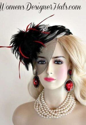 Black Cream Red Cocktail Hat Wedding Fascinator, Formal Designer Hat 8NP