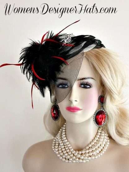 Black Cream Red Cocktail Hat Wedding Fascinator, Formal Designer Hat 8NP