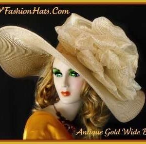 Womens Haute Couture Designer Hats, Avant Garde Dress Hats, Formal Wedding Hats, Mother Of The Bride Hats, Bridal Fascinator, Pillbox Hats, Satin Hats, Large Brim Hats, Kentucky Derby Hats, Hats For Horse Races, hatswomens.com, Women's Antique Metallic Gold Wide Brim Wedding Kentucky Derby Hat, Designer Hats NY Fashion Hat 488Y