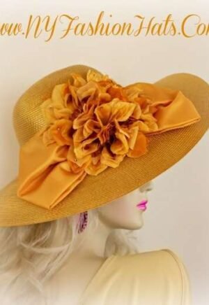 Ladies Gold Designer Wedding Hat With A Bow And Flowers NYFashionHats