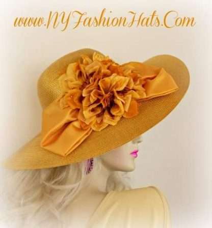 Ladies Gold Designer Wedding Hat With A Bow And Flowers NYFashionHats