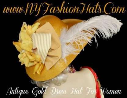 Womens Haute Couture Designer Hats, Avant Garde Dress Hats, Formal Wedding Hats, Mother Of The Bride Hats, Bridal Fascinator, Pillbox Hats, Satin Hats, Large Brim Hats, Kentucky Derby Hats, Hats For Horse Races, hatswomens.com, Women's Antique Gold White Mustard Yellow Hat Kentucky Derby Hats