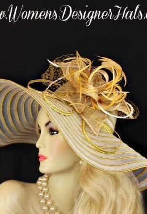 White Metallic Gold Wide Brim Designer Fashion Hat, Women's Dress Hats