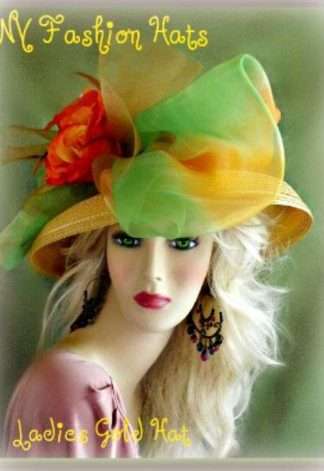 Gold Orange Lime Green Dressy Ladies Church Hat Designer Hats 8HTZ