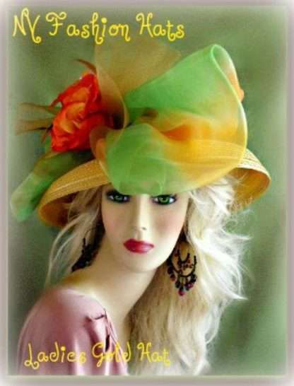 Gold Orange Lime Green Dressy Ladies Church Hat Designer Hats 8HTZ