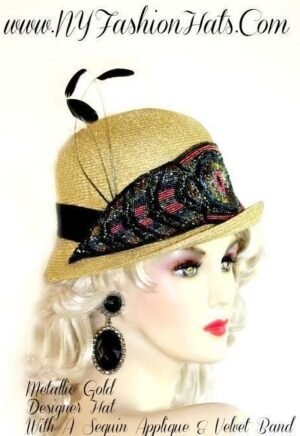 Metallic Gold Cloche Beaded Designer Dress Hat, NY Fashion Hats