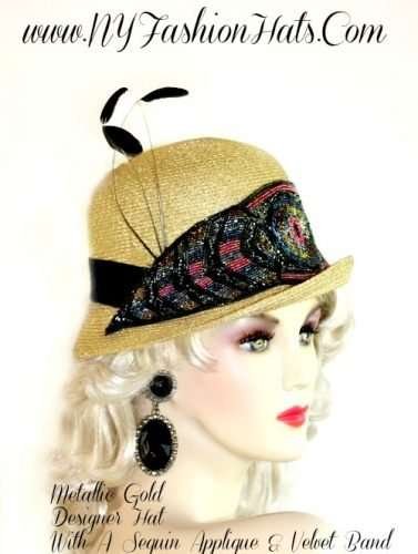 Metallic Gold Cloche Beaded Designer Dress Hat, NY Fashion Hats