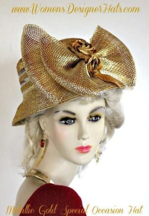 Metallic Gold Formal Church Hat For Women, Ladies Designer Hats