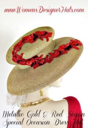 Metallic Gold Red Designer Women's Dress Hat, Wide Brim Hats