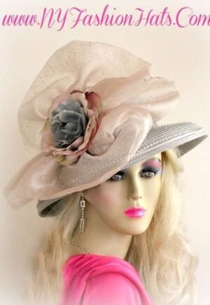 Ladies Silver Grey Designer Kentucky Derby Hat With Flowers 445 Hats