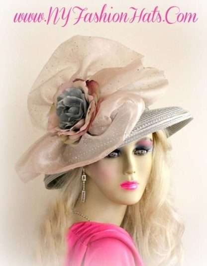 Ladies Silver Grey Designer Kentucky Derby Hat With Flowers 445 Hats