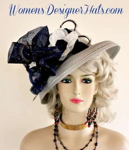 Silver Grey White Navy Blue Designer Couture Hat Chapeaux Fashion Hats