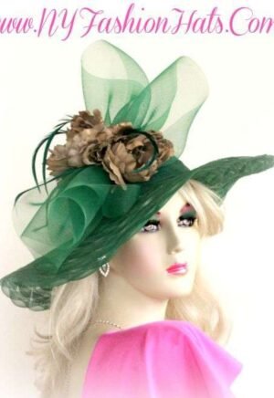Women's Emerald Green Designer Hat With Brown Cabbage Roses Flowers
