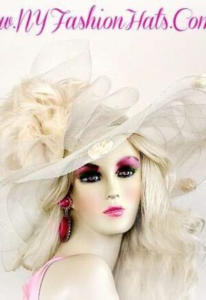Ivory Wide Brim Designer Hat With Rosettes And Feathers Ladies Hats