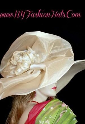 Ladies Ivory Wide Brim Hat With A Champagne Bow And Straw Flowers