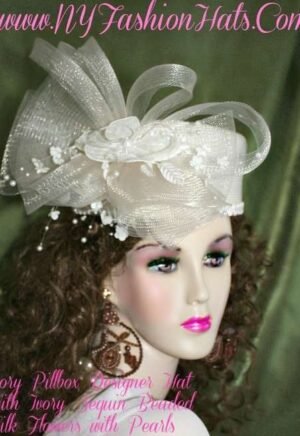 Ladies Ivory Designer Pillbox Formal Wedding Hat NY Fashion Hats XNM