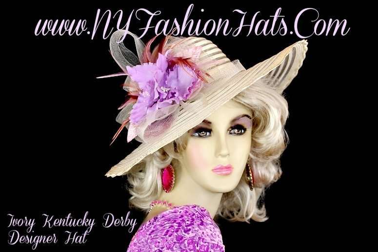 Ivory Lavender Purple Orchid Flower Kentucky Derby Hat With Feathers