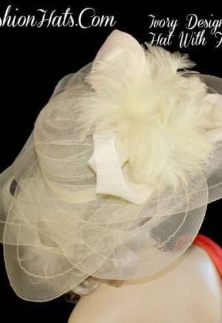 Ladies Ivory Wide Brim Designer Hat With Feathers NY Fashion Hats