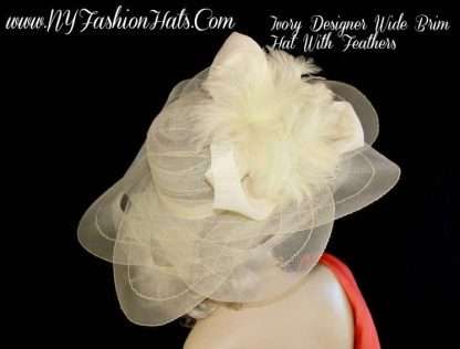 Ladies Ivory Wide Brim Designer Hat With Feathers NY Fashion Hats