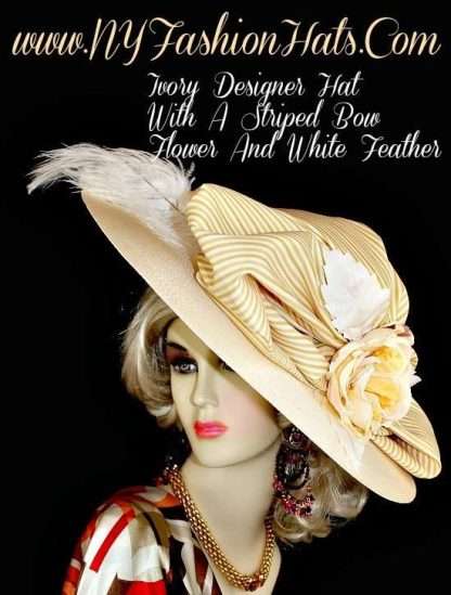 Kentucky Derby Hats, Ivory Designer Hat With A Striped Bow And Flower