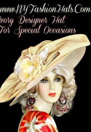 Women's Ivory Antique Gold Wide Brim Church Wedding Hat