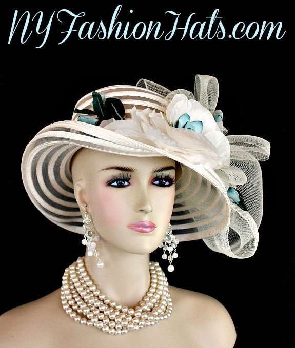 Ivory Teal Blue Green Designer Kentucky Derby Fashion Hat Woman's Hats - Image 2
