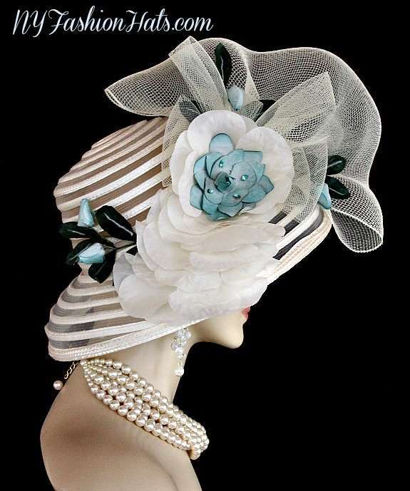 Ivory Teal Blue Green Designer Kentucky Derby Fashion Hat Woman's Hats - Image 3