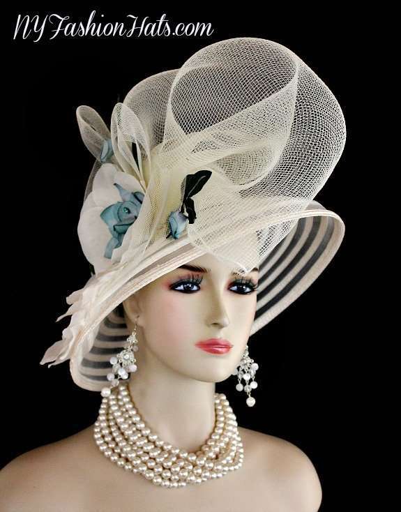 Ivory Teal Blue Green Designer Kentucky Derby Fashion Hat Woman's Hats - Image 6