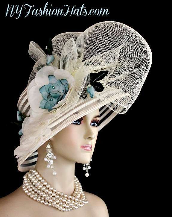 Ivory Teal Blue Green Designer Kentucky Derby Fashion Hat Woman's Hats