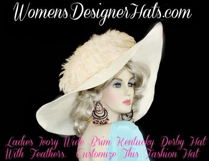 Ivory Wide Brim Designer Hat With Feathers Couture Kentucky Derby Hats