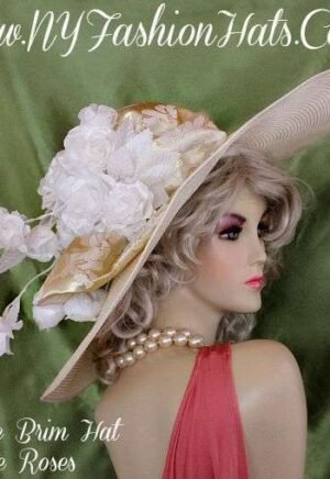Ivory Designer Wide Brim Hat With A Gold Bow White Roses Dress Hats