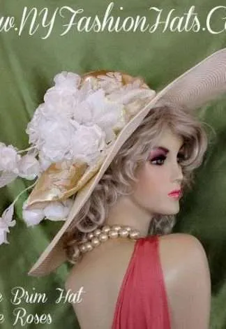 Ivory Designer Wide Brim Hat With A Gold Bow White Roses Dress Hats