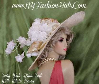 Ivory Designer Wide Brim Hat With A Gold Bow White Roses Dress Hats