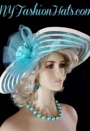 Turquoise Ivory Designer Hat Kentucky Derby Run For The Roses Hats