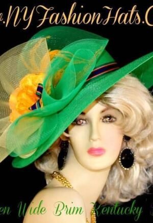 Ladies Kelly Green Wide Brim Special Occasion, Kentucky Derby Hat With Beautiful Gold Yellow Flowers And Feathers For Horse Races And Formal Engagements. This Dress Hat, Is Suited For Winter, Spring, Summer And Fall. We Specialize In Church Hats, Dress Hats For Lady's, Designer Hats For Women, Formal Hats, Wedding Hats, Bridal Hats, Hats For Brides, Horse Racing Hats, Hats For Horse Races, Belmont Stakes Hats, Kentucky Derby Hats, Kentucky Oaks Hats, Saratoga Racing Hats, Preakness Hats, Special Occasion Hats, And Cocktail Hats. Custom Made And Designed By NY Fashion Hats Millinery. www.nyfashionhats.com 5" wide brim circumference. crown measures 225" All sales are finalLadies Kelly Green Gold Yellow Blue Designer Hat With Flowers RM09