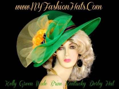 Ladies Kelly Green Wide Brim Special Occasion, Kentucky Derby Hat With Beautiful Gold Yellow Flowers And Feathers For Horse Races And Formal Engagements. This Dress Hat, Is Suited For Winter, Spring, Summer And Fall. We Specialize In Church Hats, Dress Hats For Lady's, Designer Hats For Women, Formal Hats, Wedding Hats, Bridal Hats, Hats For Brides, Horse Racing Hats, Hats For Horse Races, Belmont Stakes Hats, Kentucky Derby Hats, Kentucky Oaks Hats, Saratoga Racing Hats, Preakness Hats, Special Occasion Hats, And Cocktail Hats. Custom Made And Designed By NY Fashion Hats Millinery. www.nyfashionhats.com 5" wide brim circumference. crown measures 225" All sales are finalLadies Kelly Green Gold Yellow Blue Designer Hat With Flowers RM09