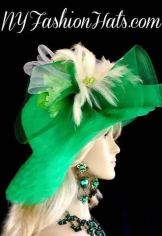 Ladies Kelly Green White Wide Brimmed Fashion Designer Hat Wedding Hats