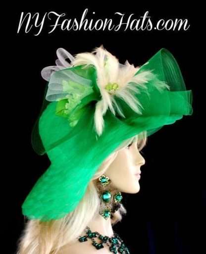 Ladies Kelly Green White Wide Brimmed Fashion Designer Hat Wedding Hats