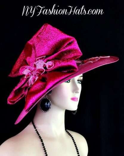 Womens Haute Couture Designer Hats, Avant Garde Dress Hats, Formal Wedding Hats, Mother Of The Bride Hats, Bridal Fascinator, Pillbox Hats, Satin Hats, Large Brim Hats, Kentucky Derby Hats, Hats For Horse Races, hatswomens.com, Magenta Fuchsia Hot Pink Designer Hat Wedding Church Formal Hats