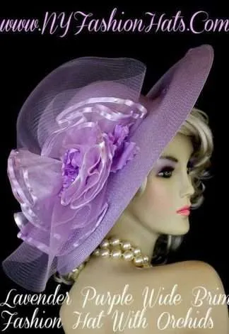 Womens Haute Couture Designer Hats, Avant Garde Dress Hats, Formal Wedding Hats, Mother Of The Bride Hats, Bridal Fascinator, Pillbox Hats, Satin Hats, Large Brim Hats, Kentucky Derby Hats, Hats For Horse Races, hatswomens.com, Lavender Purple Designer Dress Hat With Orchids, NY Fashion Hats