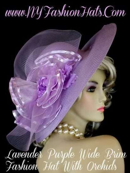 Womens Haute Couture Designer Hats, Avant Garde Dress Hats, Formal Wedding Hats, Mother Of The Bride Hats, Bridal Fascinator, Pillbox Hats, Satin Hats, Large Brim Hats, Kentucky Derby Hats, Hats For Horse Races, hatswomens.com, Lavender Purple Designer Dress Hat With Orchids, NY Fashion Hats